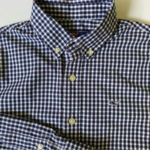 Vineyard Vines Shirt Size Medium 12 14 Blue White Gingham Check Whale Boys EUC